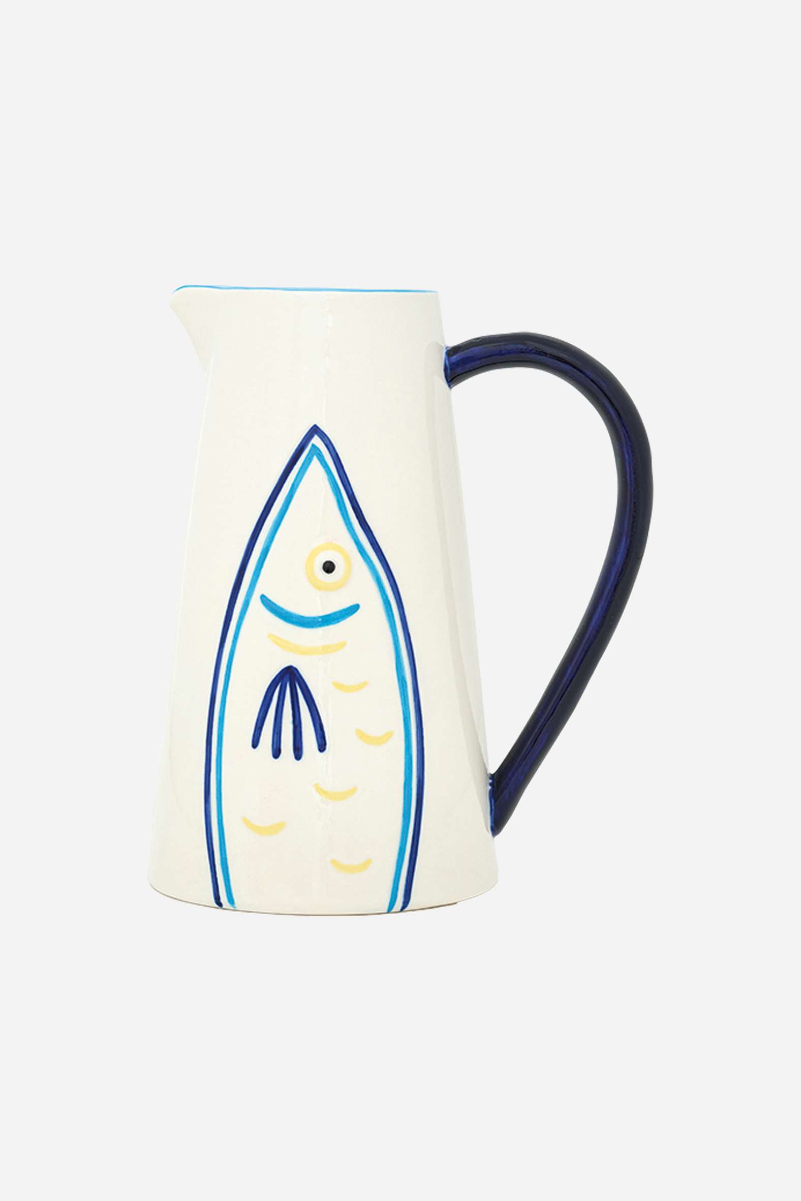 D8446 - Pitcher W/ Fish, Ceramic, Cream/Blue/Yellow/Navy